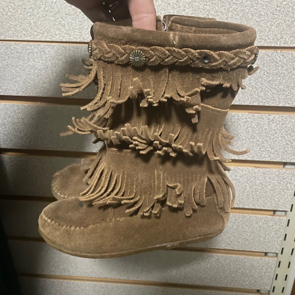 Minnetonka Kids Brown Suede‎ Fringe Boots Size 10 Moccasin Style